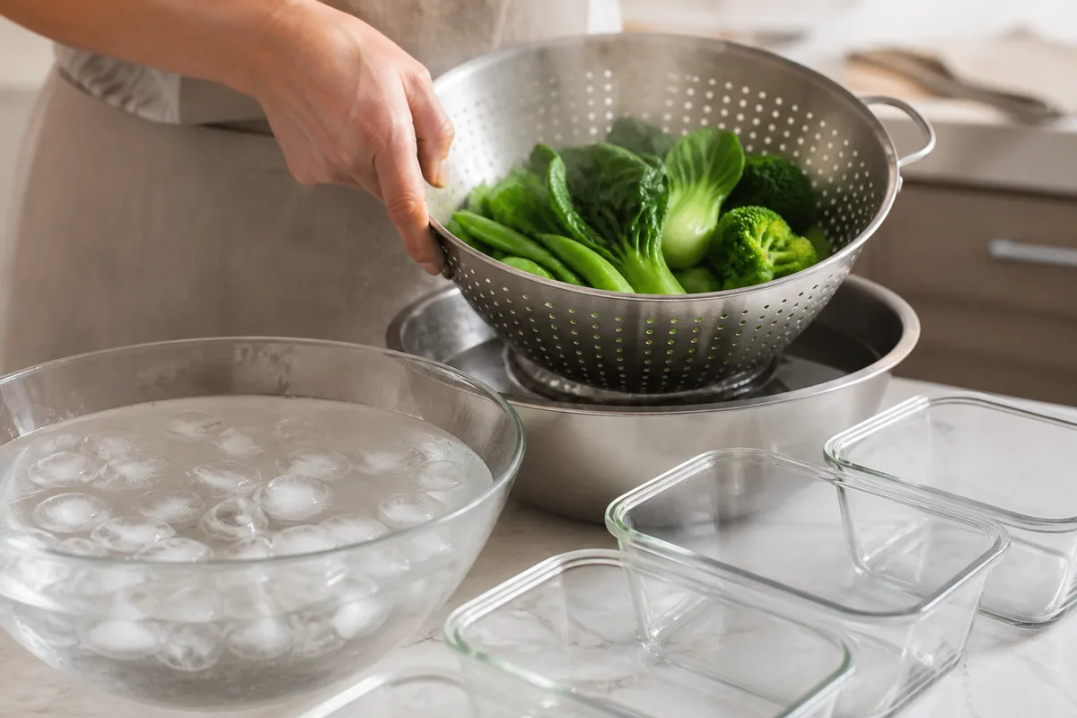 Contenants en verre remplis de légumes prêts à être congelés sur un plan de travail