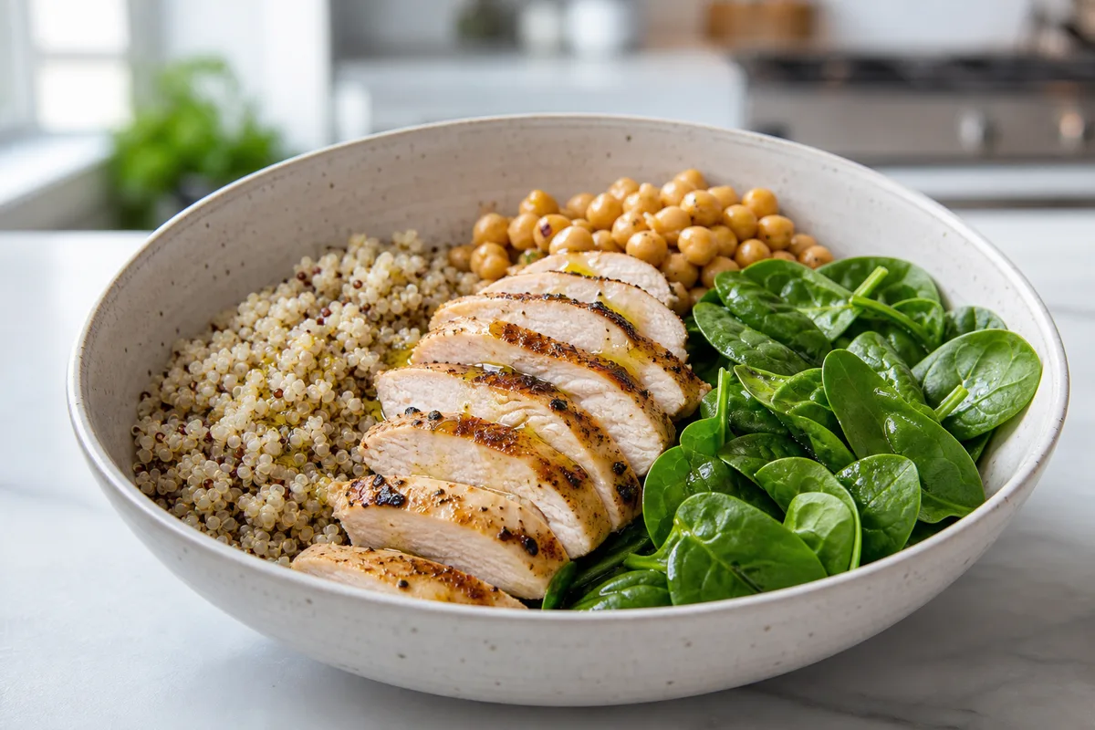 Bol de lunch box équilibré avec quinoa, poulet émincé et légumes verts frais dans un contenant hermétique