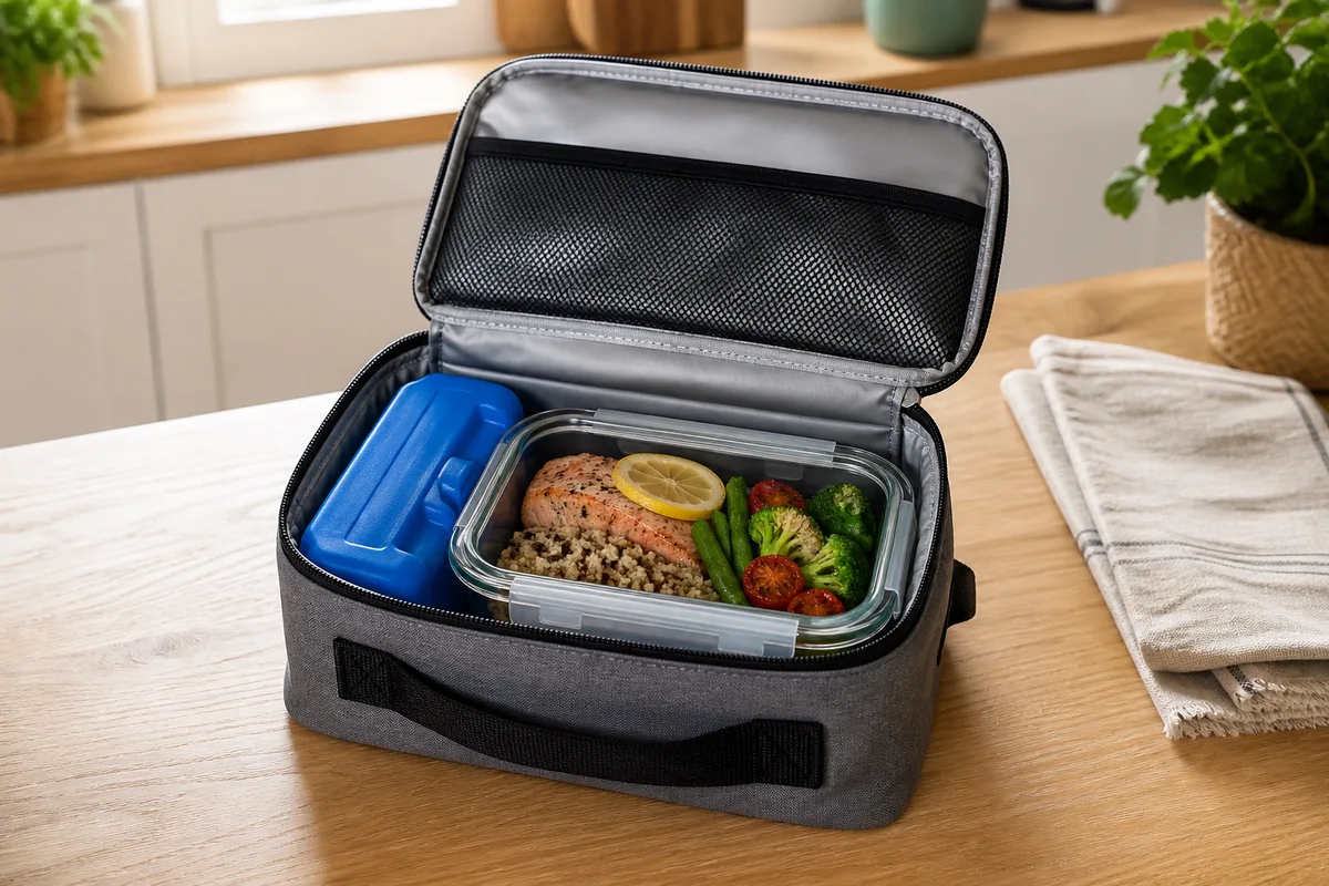 Sac isotherme ouvert avec bloc réfrigérant et boîte hermétique en verre posés sur une table de cuisine