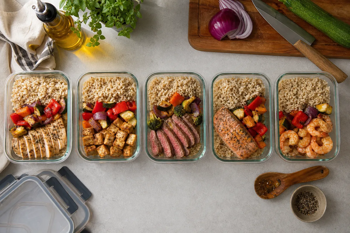 Préparation de lunch box en lot le dimanche avec plusieurs contenants remplis de riz, légumes rôtis et protéines
