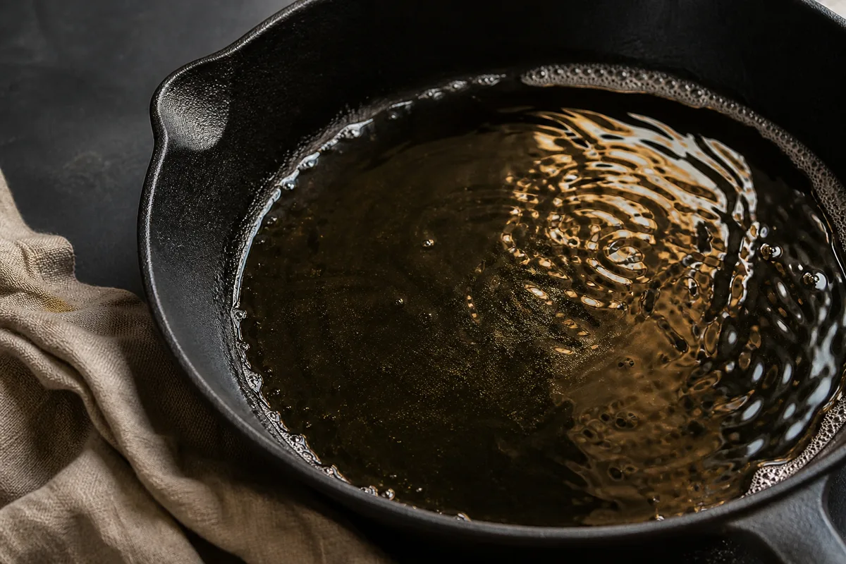 Filet d’huile versé dans une poêle en fonte chaude sur une plaque de cuisson, lumière de fenêtre rasante