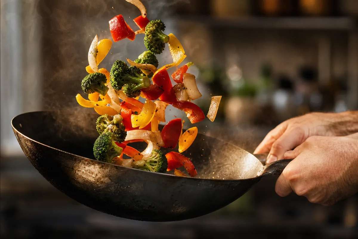 Légumes coupés qui grésillent dans un wok en acier, vapeur montante, cuisine domestique en lumière naturelle