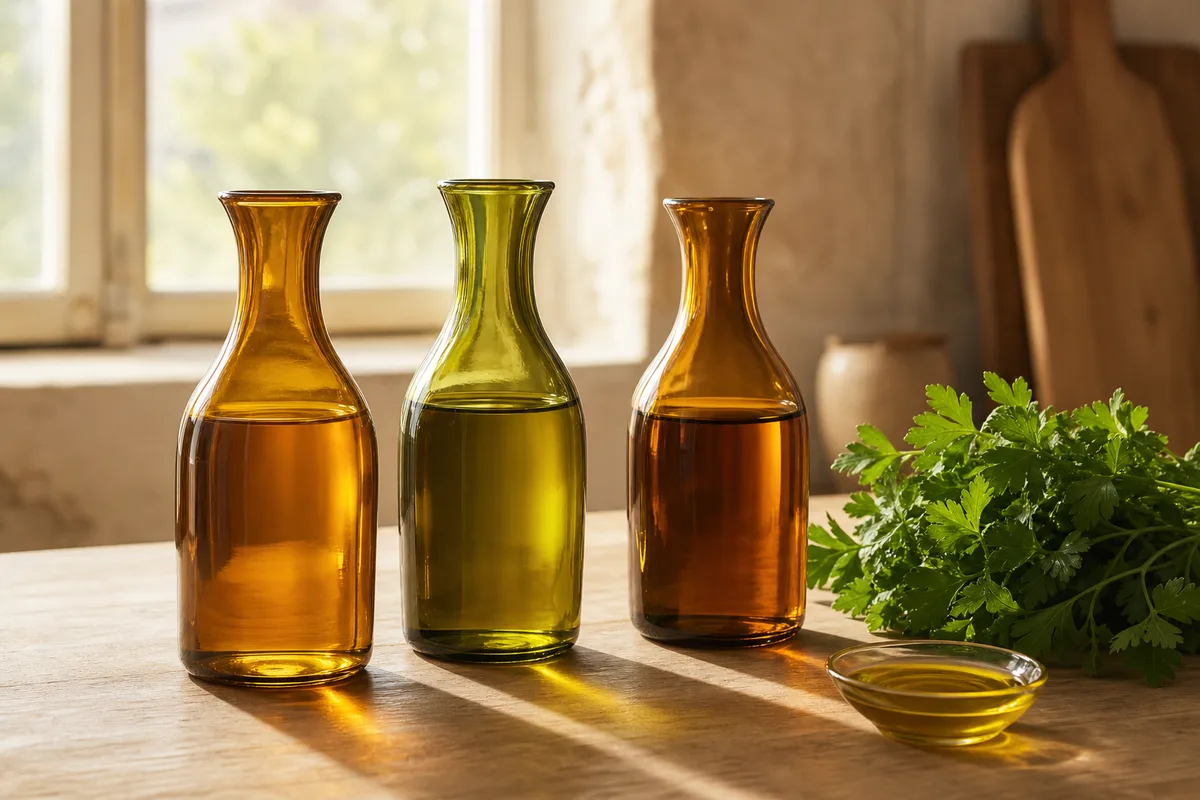 Trois bouteilles d’huile en verre ambré alignées sur un plan de travail en bois, contre-jour doux, aucune marque visible